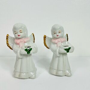 Vintage Christmas Angel Taper Candle Stick Holder Pink Bow Gold Accents Set of 2